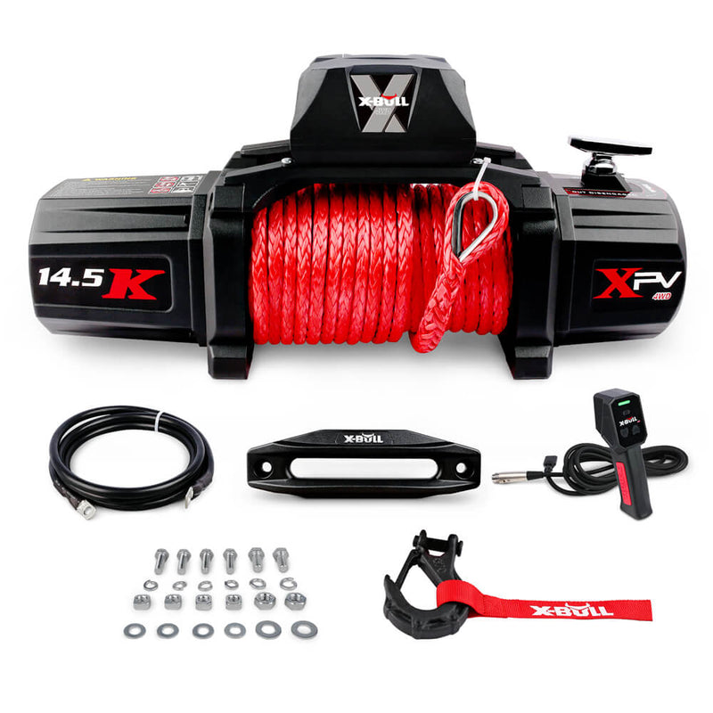 X-BULL 12V Electric Winch 14500LBS synthetic rope with 2 Pairs Recovery Tracks Gen2.0 Black