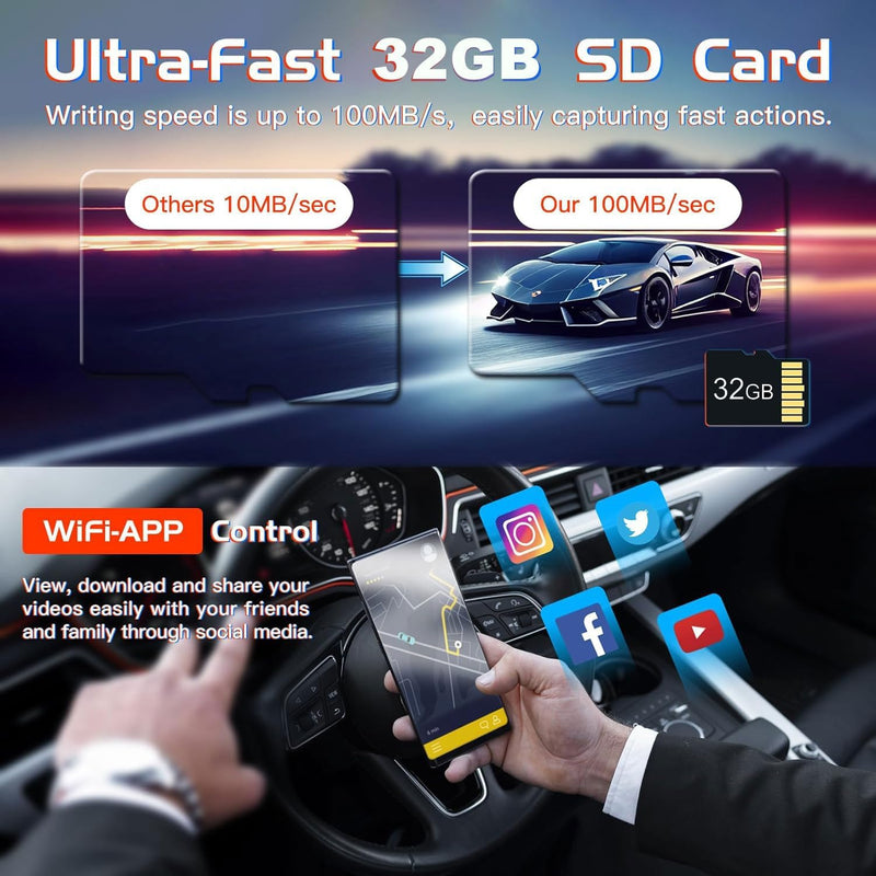 WIFI 3 Channels Dash Cam 1080P Full HD Car Dashcam Comes with Free 32GB Card