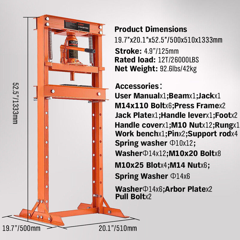 12-Ton Hydraulic Heavy Duty Floor Shop Press H-Frame Straightening Metal Garages