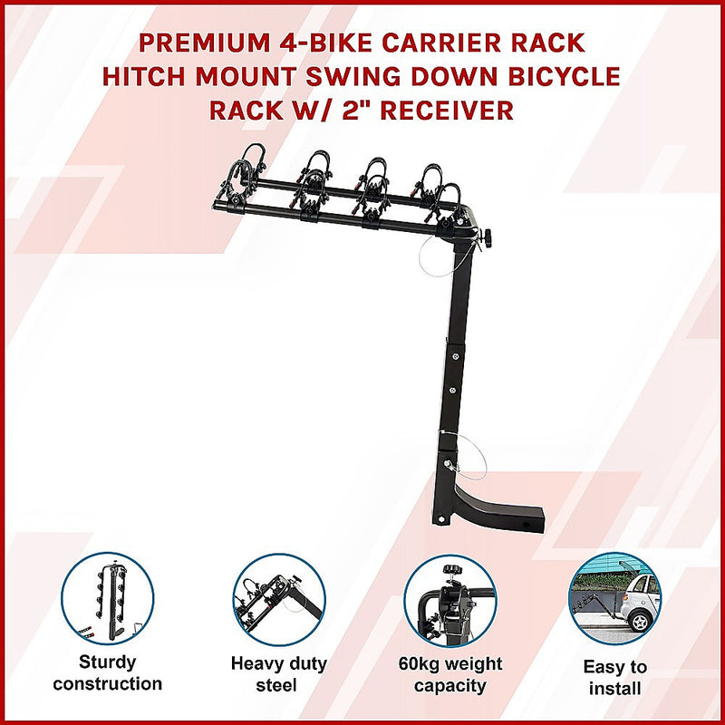 Premium 4-Bike Carrier Rack Hitch Mount Swing Down Bicycle Rack W/ 2" Receiver